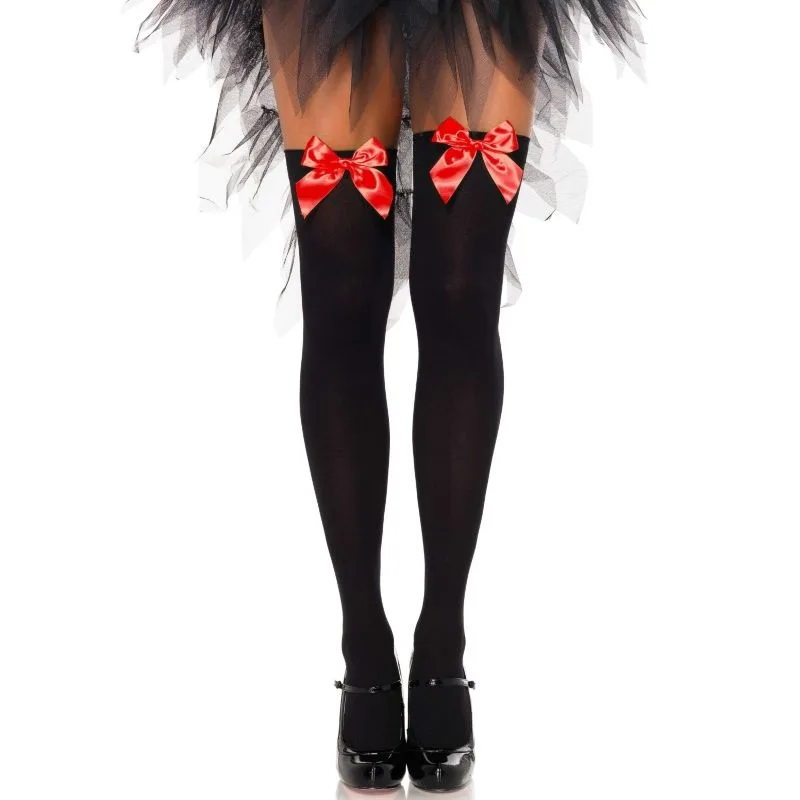 Leg Avenue - Coxas em Nylon Preto com Lao Vermelho Tamanho Único