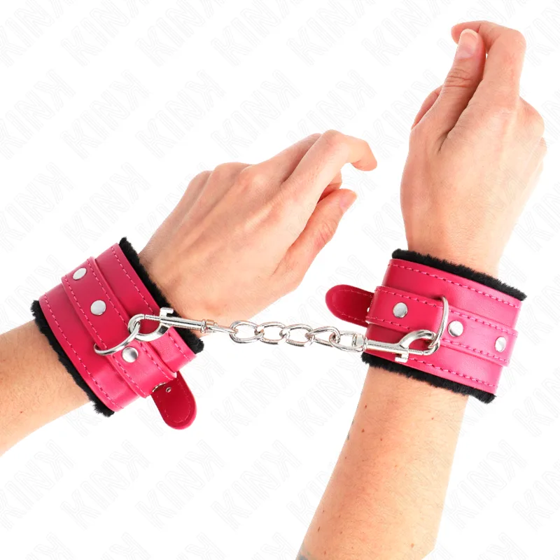 Kink - Premium Fur Lined Wrist Restraints Black with Raspberry Rose Belt Adjustable 17-29 cm X 6 cm
