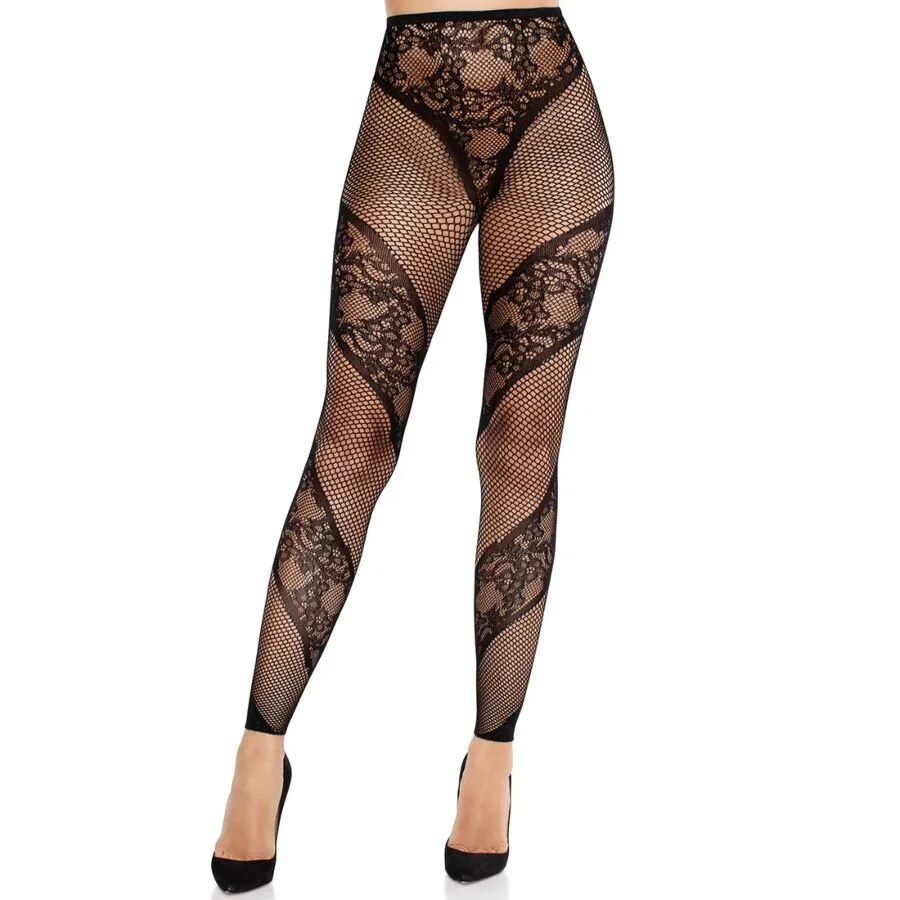 Leg Avenue - Calça Meia-Calça sem Pés de Renda e Transparência Preta
