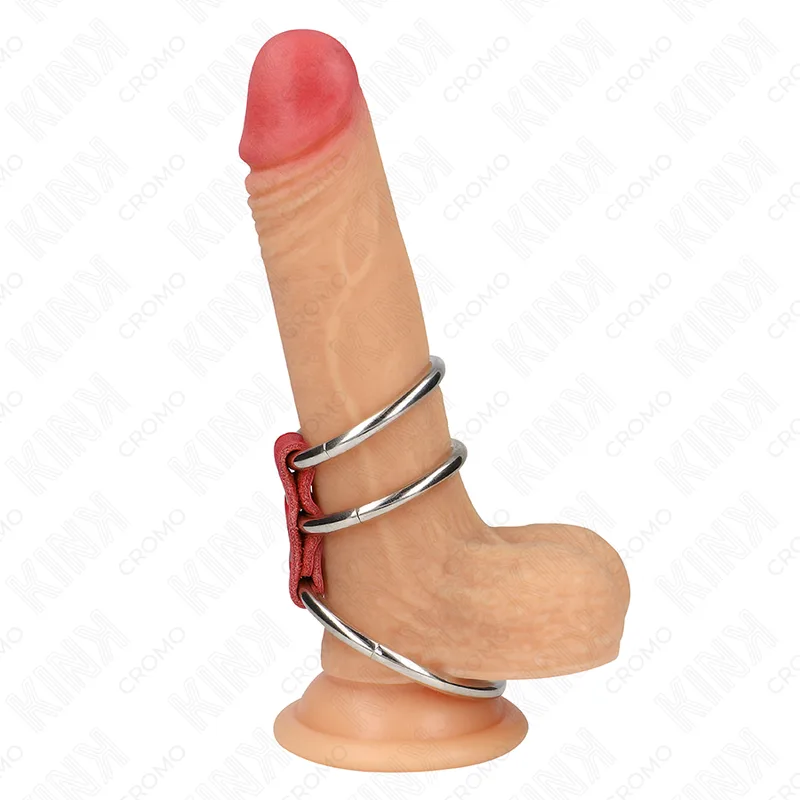 Kink - Triple Metal Penis Ring 3.7 cm to 5 cm Connected with Red Leather