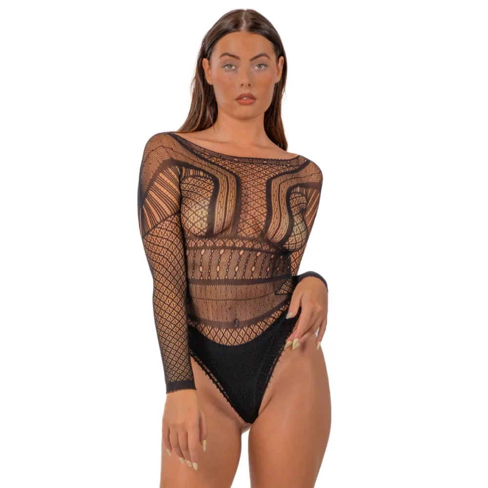 Lace by LJ Body de Renda Sem Costuras de Manga Comprida Preto