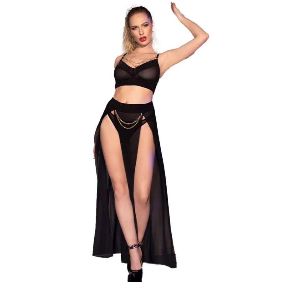 Chilirose - Cr 4672 Saia Top Preta e Tanga com Correntes Douradas