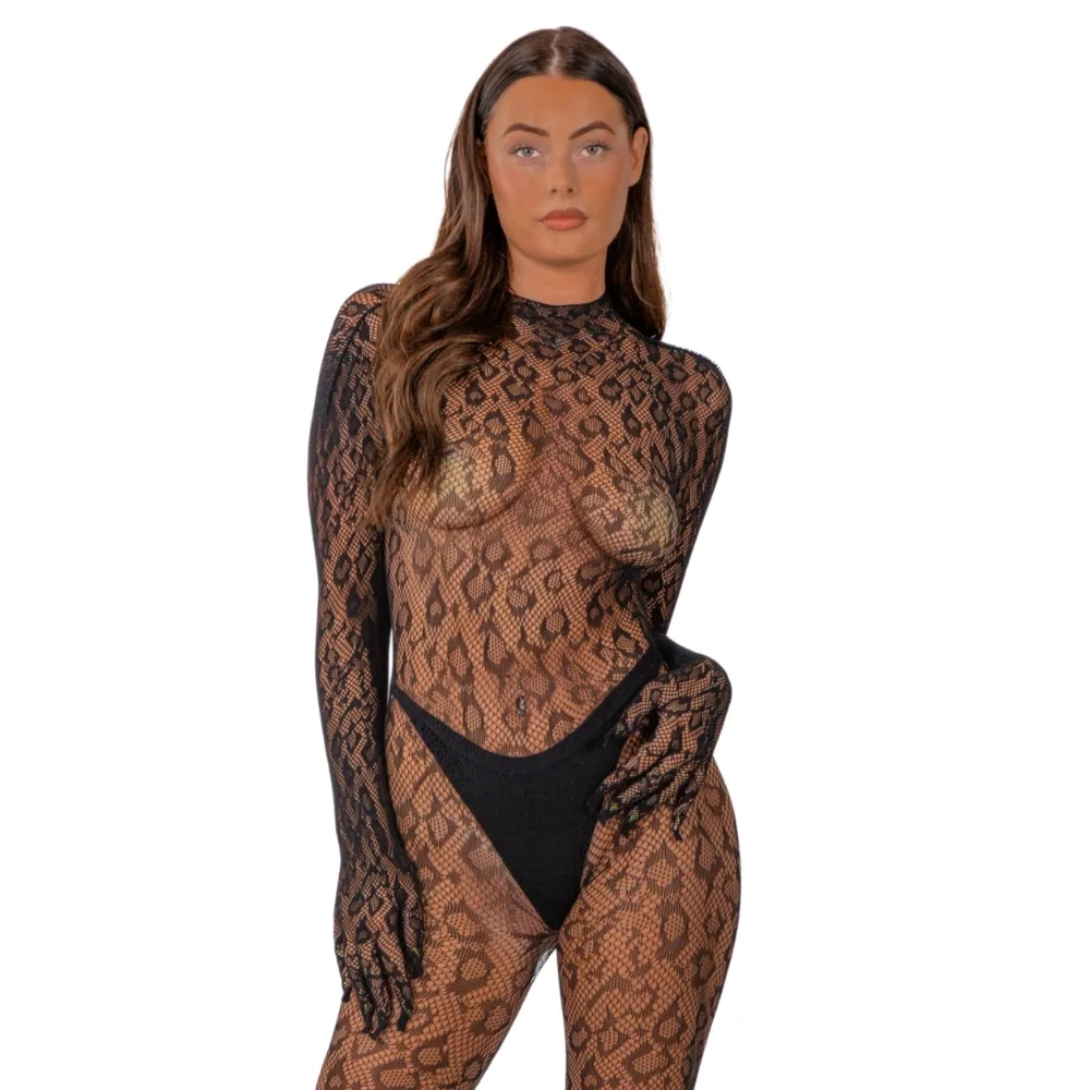 Lace by LJ Catsuit com Luvas Padrão Leopardo Preto
