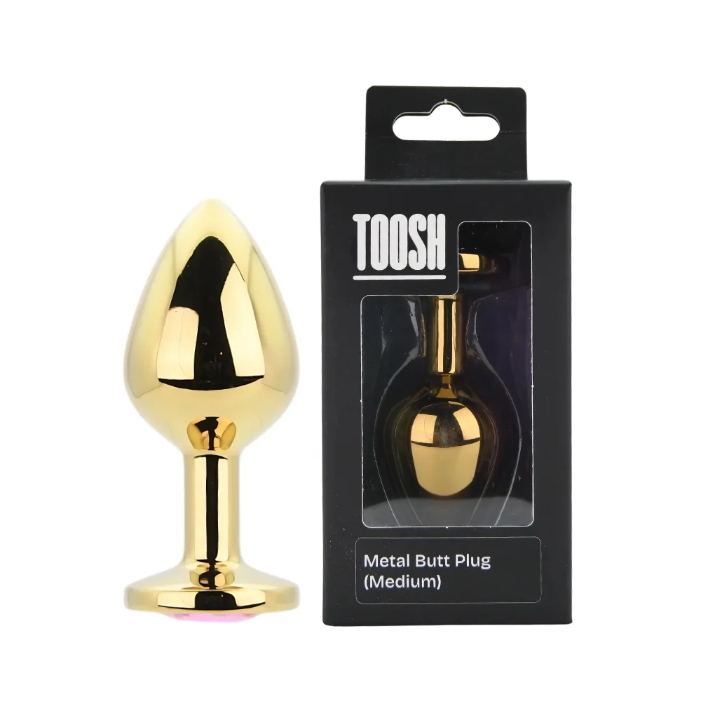 Toosh Plug Anal de Metal Dourado Médio Pedra Rosa