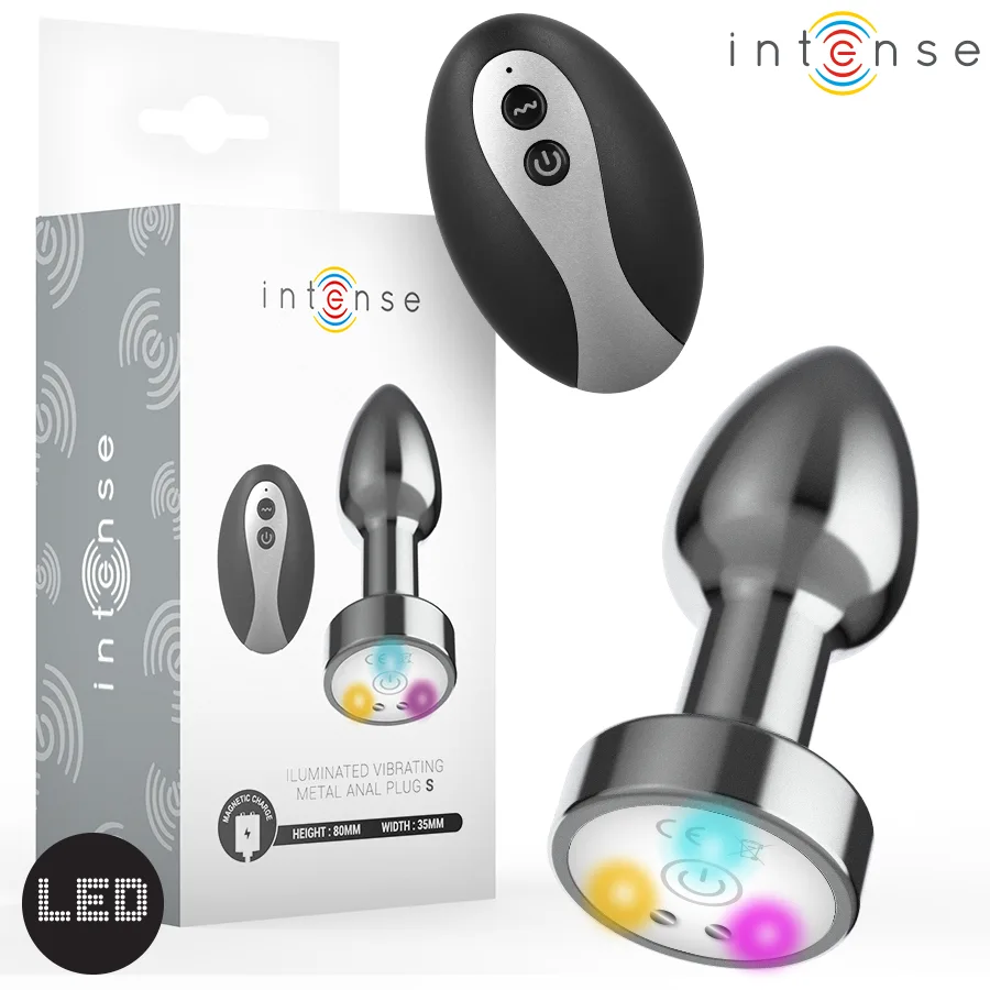 Intense - Plug Anal de Metal Vibrante com Luzes LED e Controle Remoto - Tamanho S