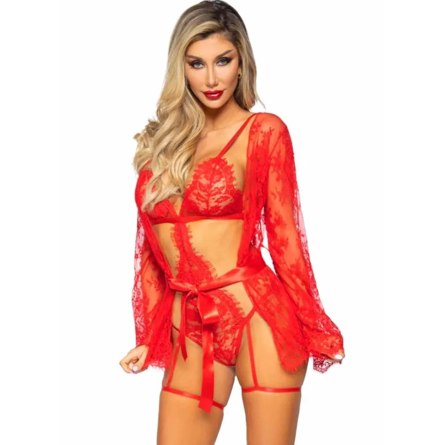 Leg Avenue - 86123 Teddy + Garter Robe Set Red Size