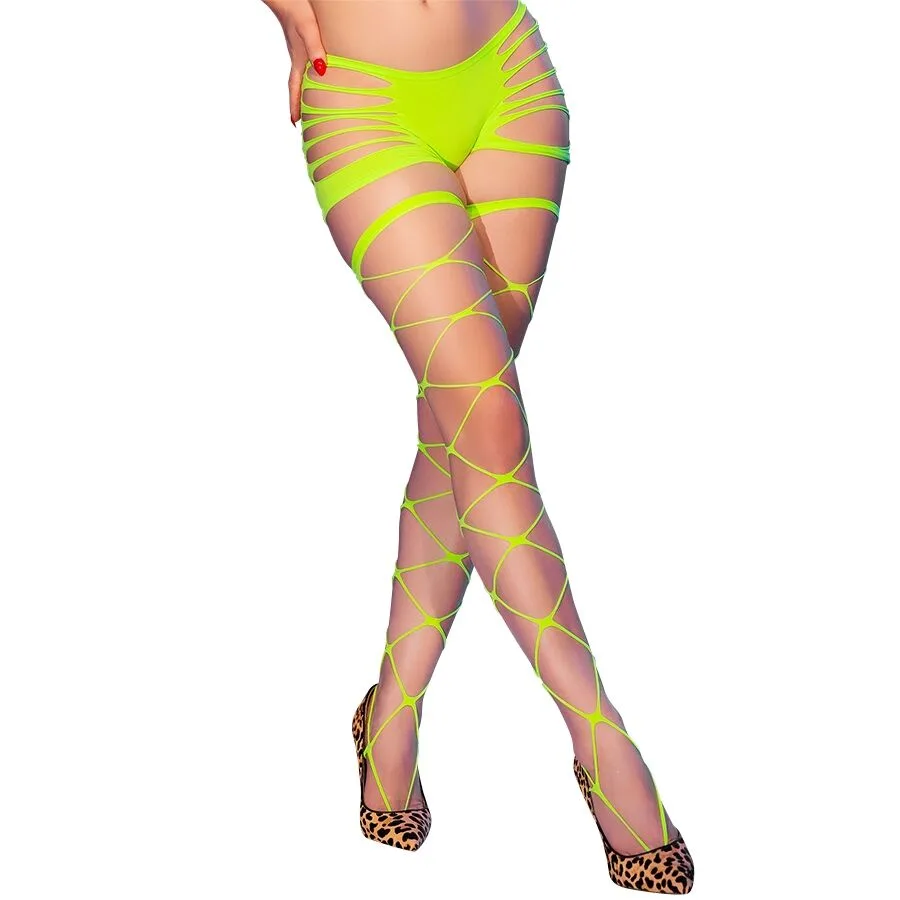 Chilirose - Cr 4867 Meia-Calça Arrastão Verde Neon com Furos