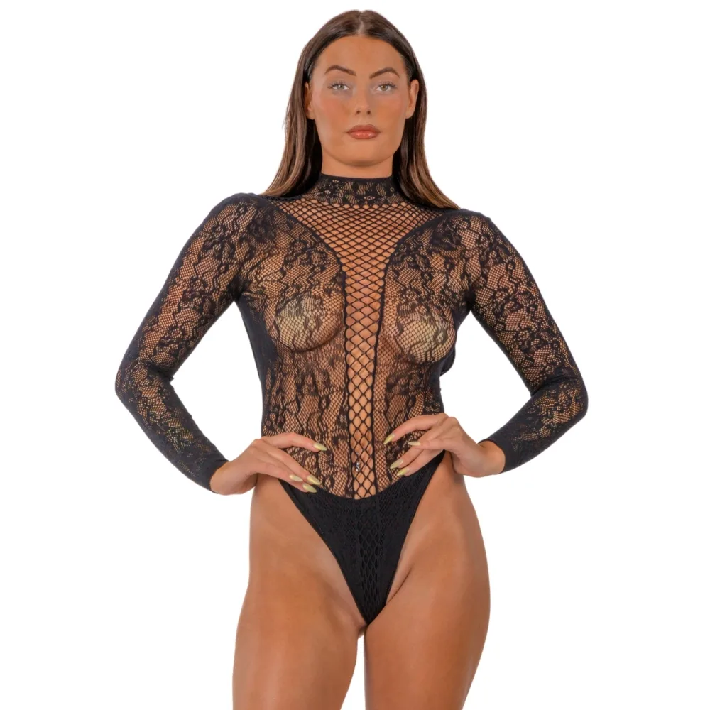 Lace by LJ Body de Renda com Gola Alta Preto