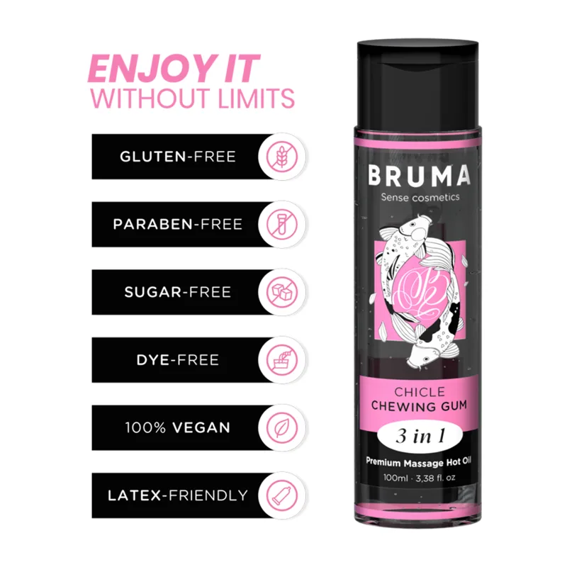 Bruma - Óleo de Massagem Premium Efeito Calor Sabor Goma 3 em 1 - 100 ml