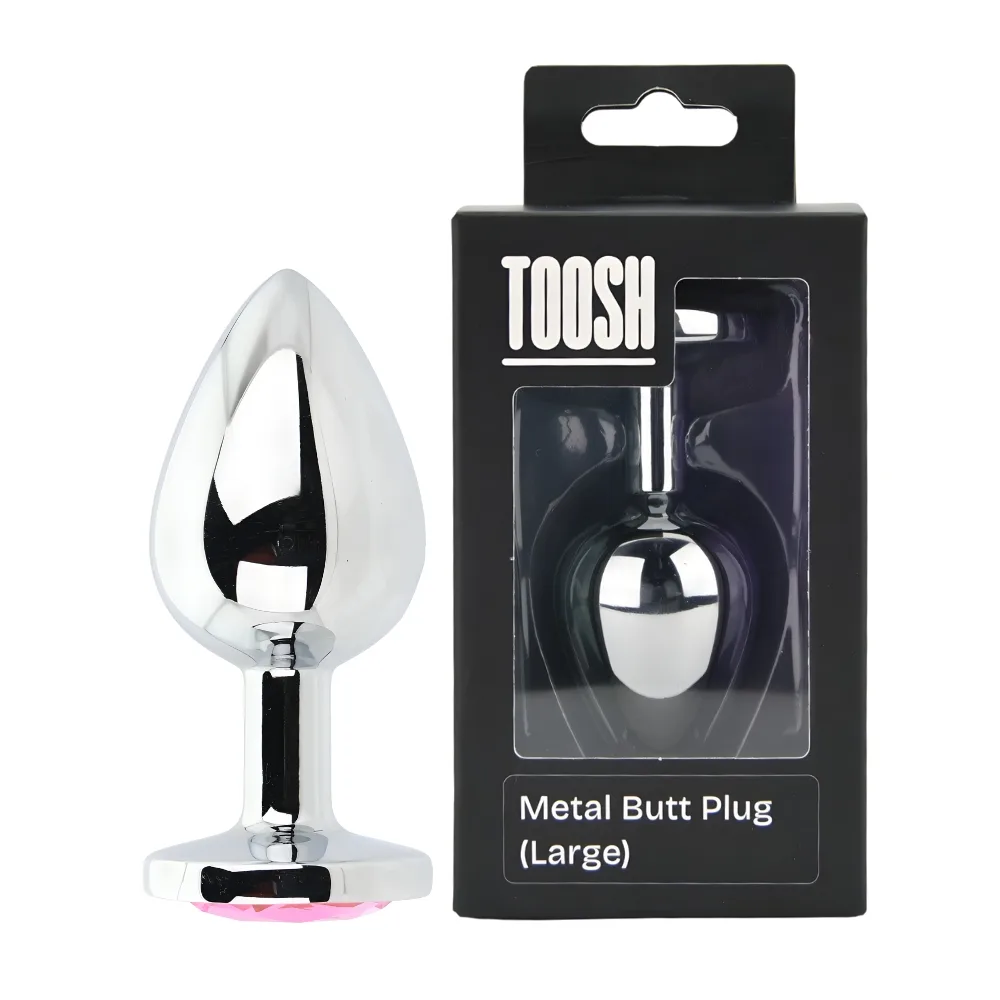 Toosh Plug Anal de Metal Prateado Grande Pedra Rosa