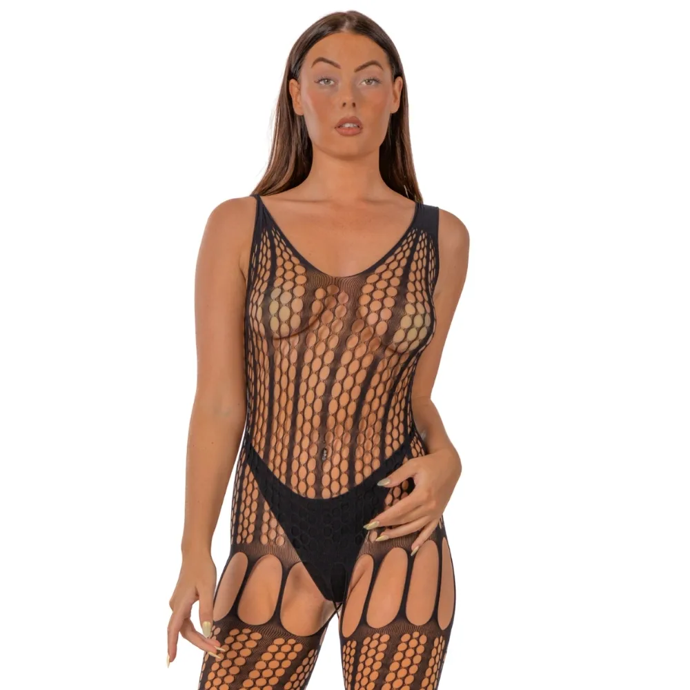 Lace by LJ Bodystocking de Crochet com Atilhos nas Costas Preto