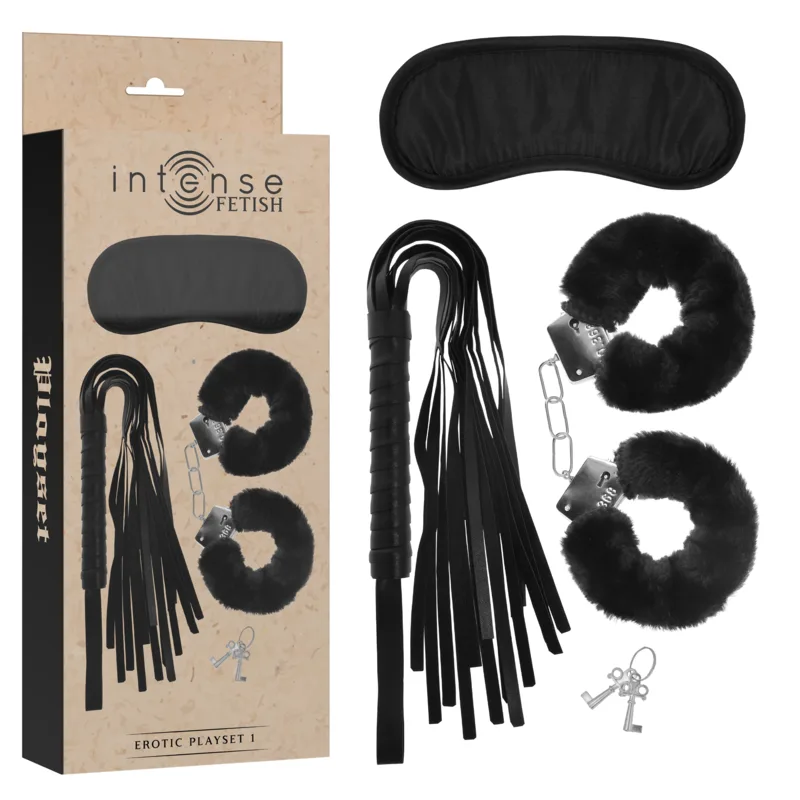 Intense - Fetish Erotic Playset 1 with Handcuffs, Blind Mask and Flogger