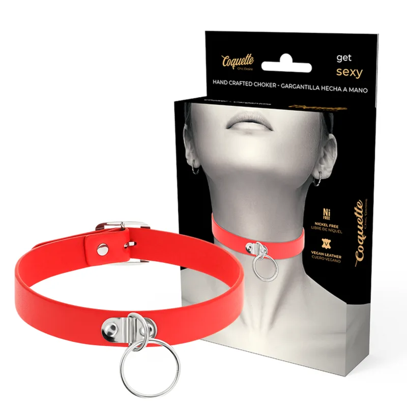 Coquette Chic Desire - Colar de Couro Vegano Vermelho Acessório Fetish Mulher