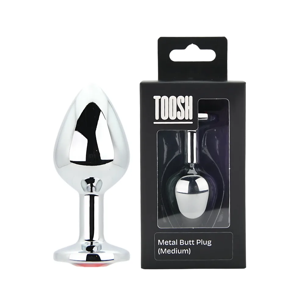 Toosh Plug Anal de Metal Prateado Médio Pedra Vermelha