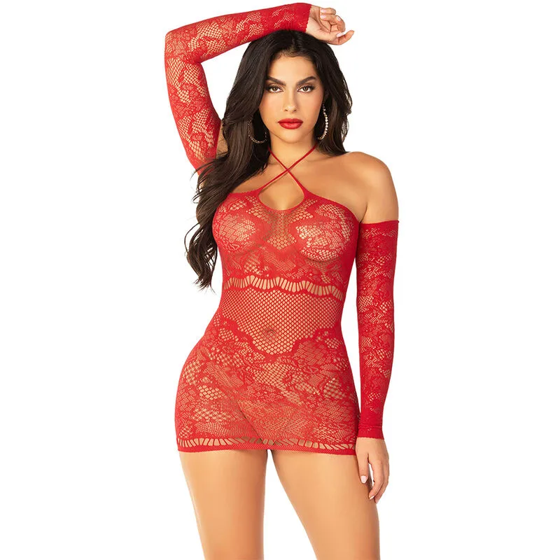 Leg Avenue - Mini Vestido de Malha Manga Comprida Ombro a Ombro Vermelho