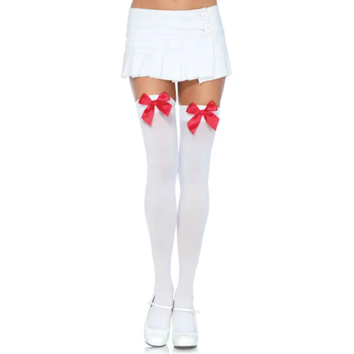 Leg Avenue - Coxas em Nylon com Lao Branco / Vermelho