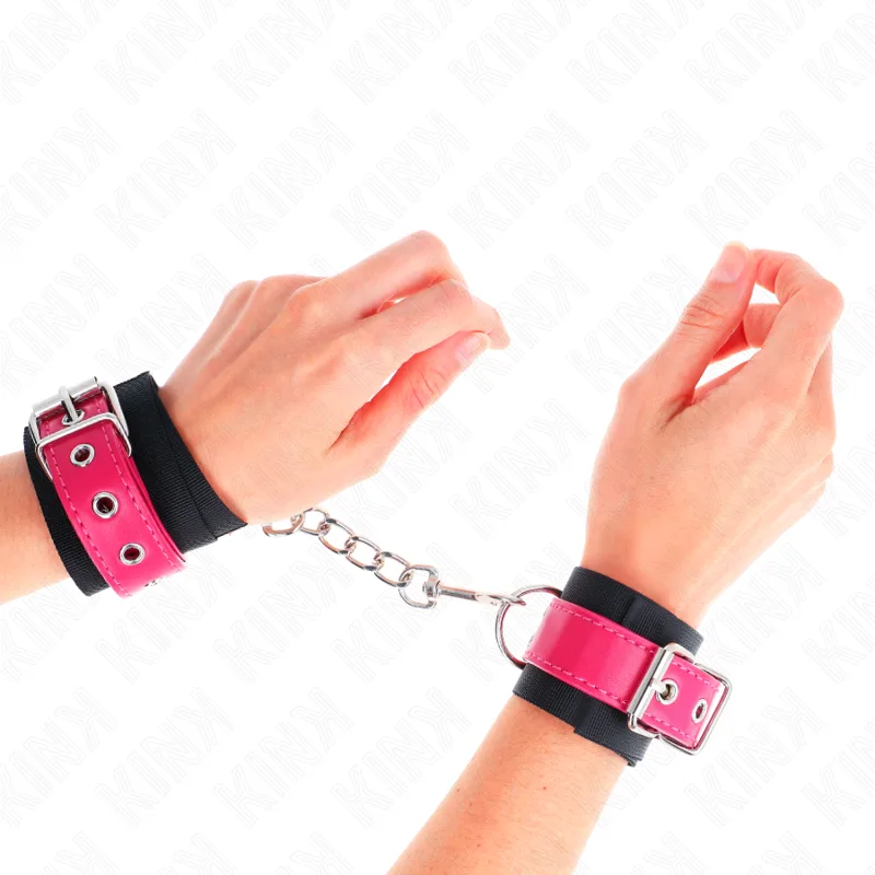 Kink - Punhos de Nylon Preto com Cinto de Couro Raspberry Rose Ajustável 19-29 cm X 5,1 cm