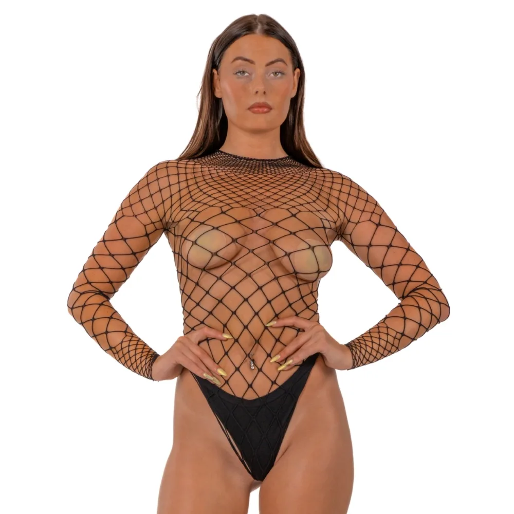 Lace by LJ Body Tanga de Rede Larga de Manga Comprida Preto