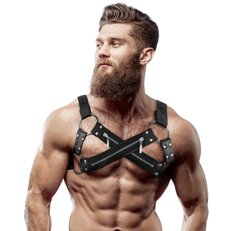 Fetish Submissive Attitude - Adjustable Neoprene Cross-Over Chest Bulldog Harness with Zippers for Men