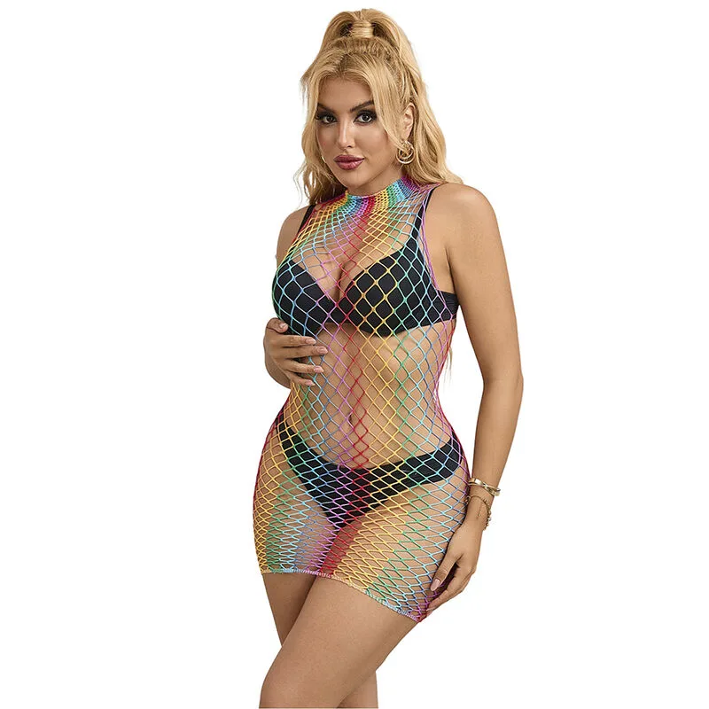Subblime - 952433 Rainbow Gola Alta sem Mangas Fishnet Vestido Tamanho Único