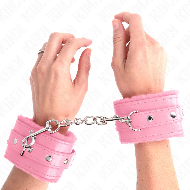 Kink - Premium Fur Lined Wrist Restraints Pink with Pink Belt Adjustable 17-29 cm X 6 cm