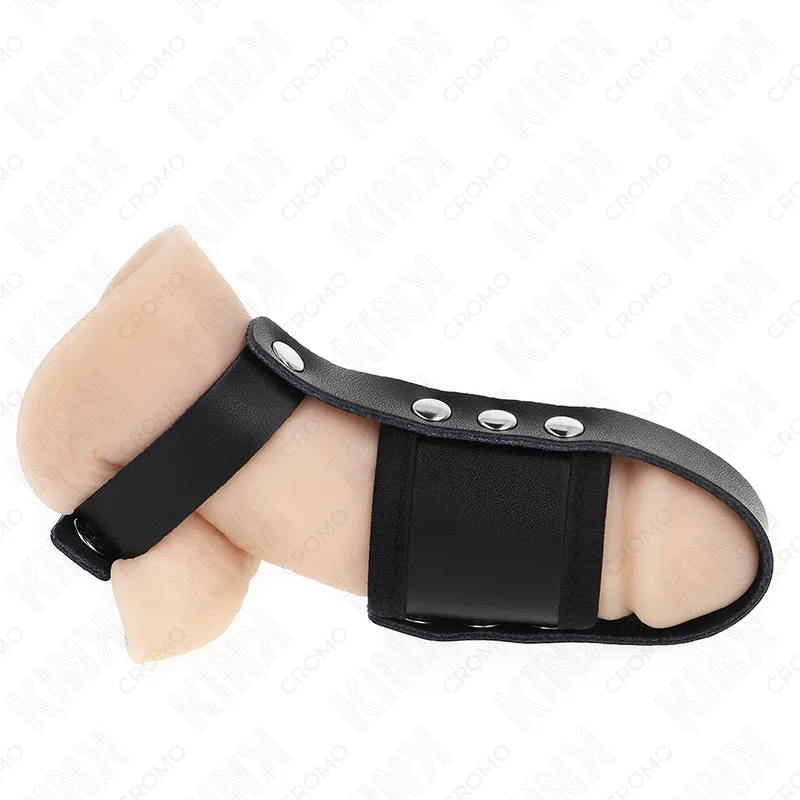 Kink - Anel de Gaiola de Pénis de Couro com Tira Divisora de Bolas Revestida Ajustável