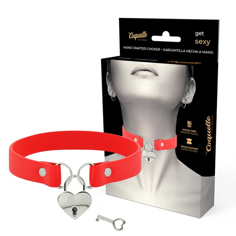 Coquette Chic Desire - Colar de Couro Vegano Vermelho com Acessório de Corao com Chave