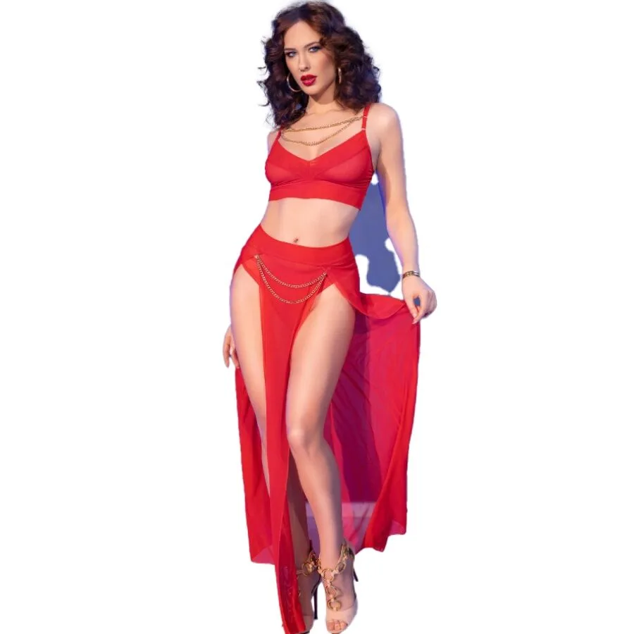 Chilirose - Cr 4850 Conjunto de Top e Legging Vermelho com Acessórios Dourados XL