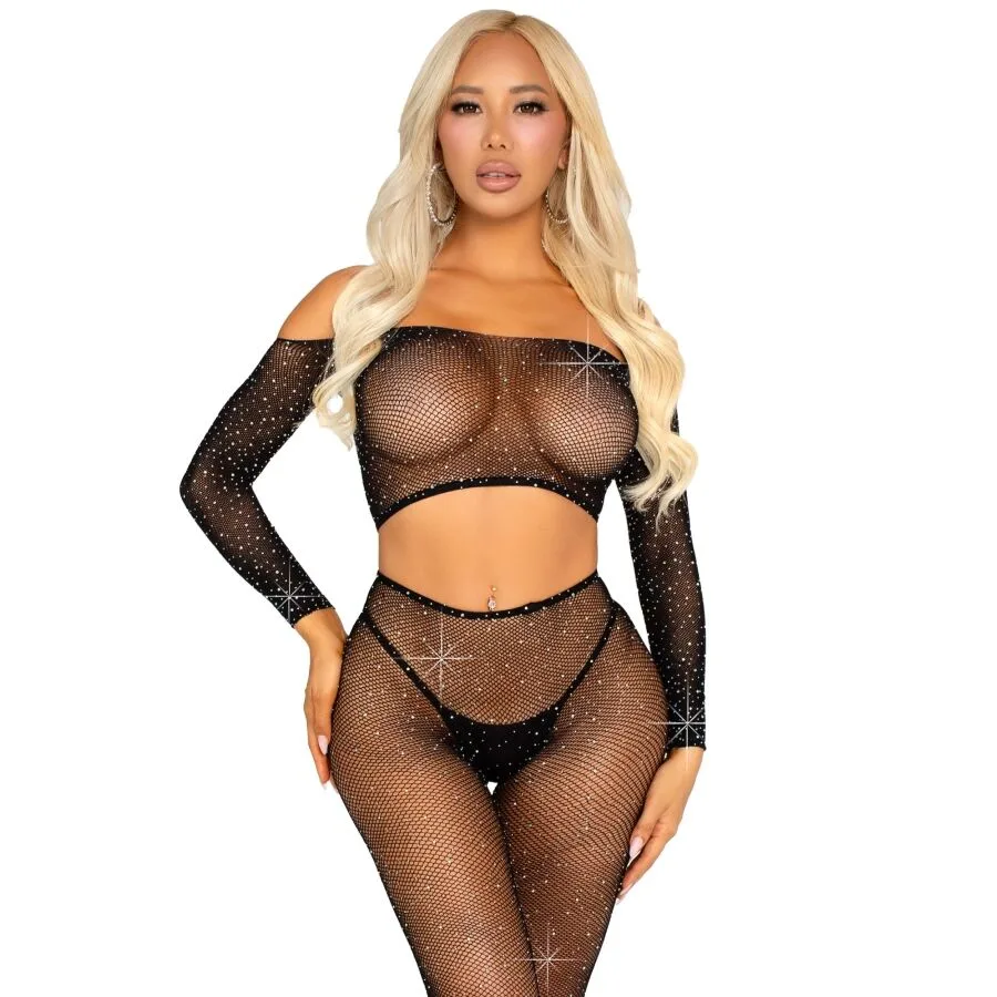 Leg Avenue - Top Crop e Legging de Rede com Strinhos Preto