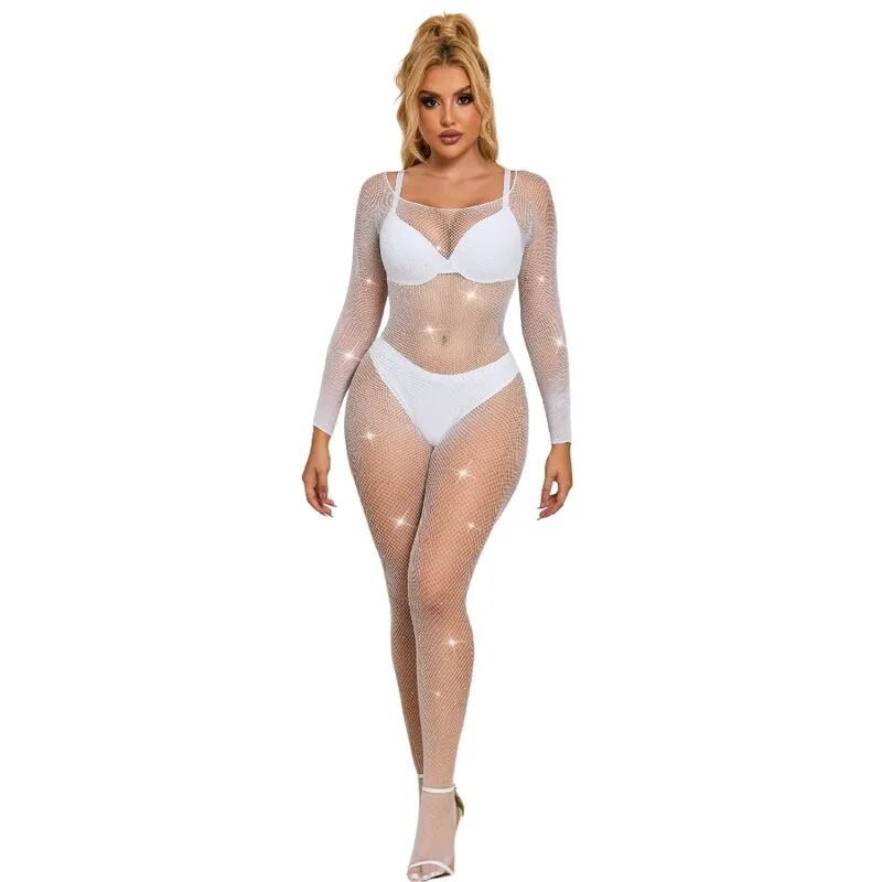 Subblime - 952396 Fishnet Bodystocking with Diamonds Long Sleeve White One Size