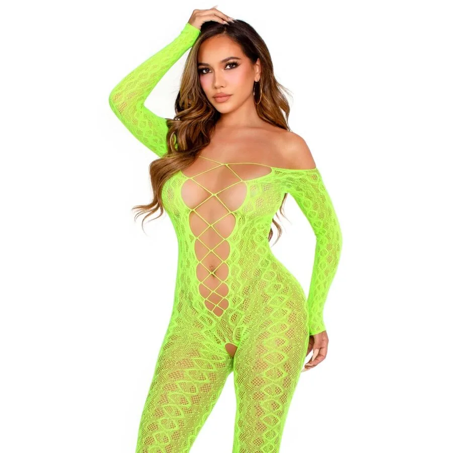 Leg Avenue - Crotchless Bodystocking Exotic Snake Lace Neon Green
