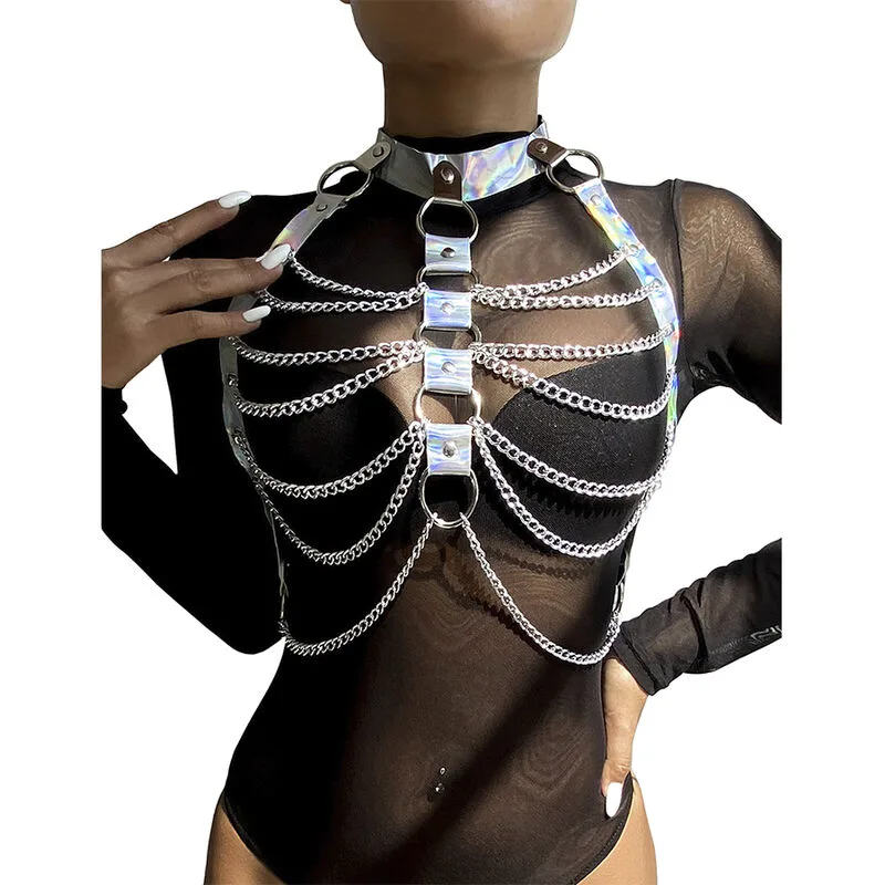 Subblime - 953737 Chest Harness with Rings and Chains Silver One Size