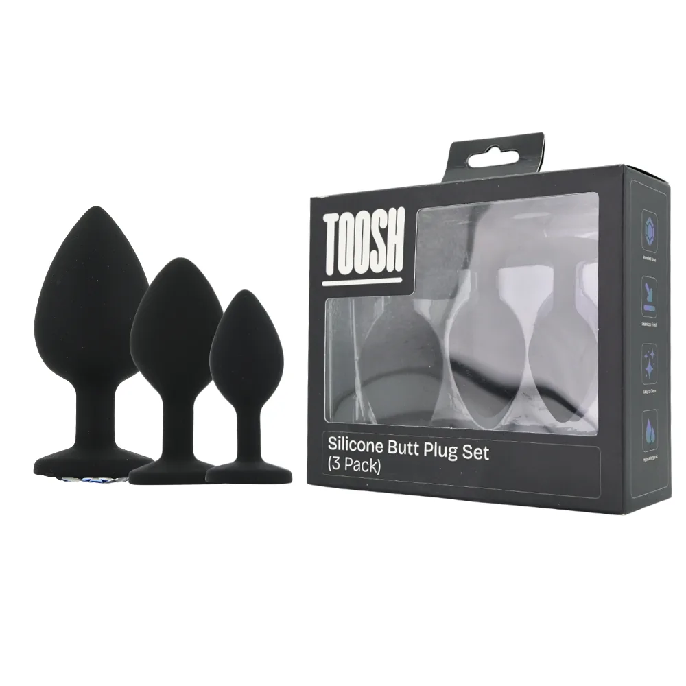Toosh Plug Anal de Silicone Preto Conjunto de 3 Pedra Transparente