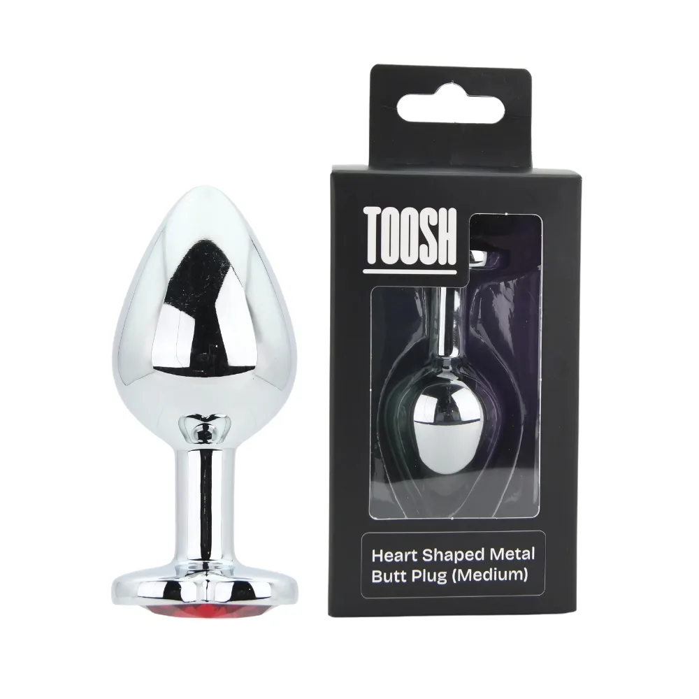 Toosh Plug em Forma de Coração Prateado com Pedra Vermelha Médio