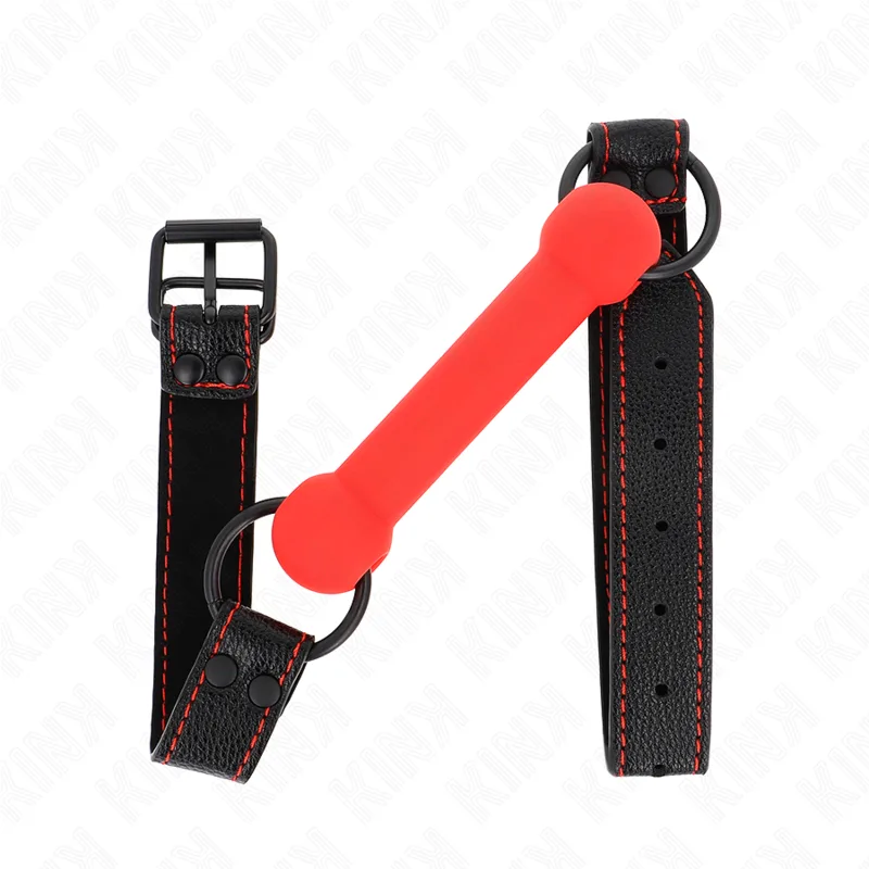 Kink - Mordaça de Osso com Alça de Couro Vermelha Ajustável 41-57 cm
