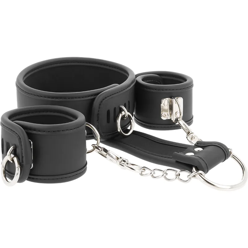 Fetish Submissive - Vegan Leather Necklace and Handcuffs with Noprene Lining