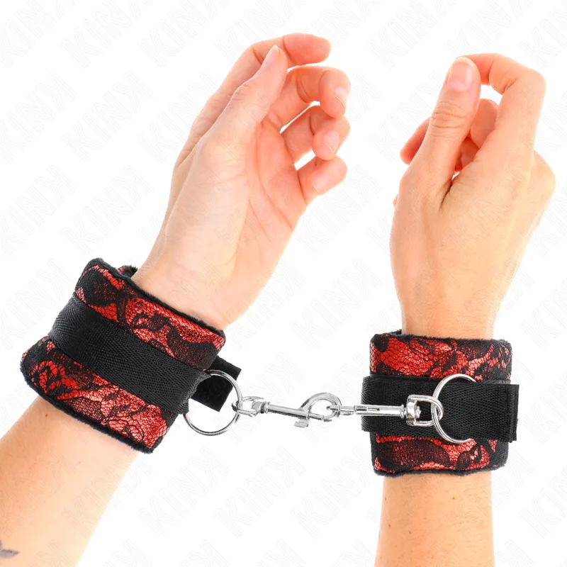 Kink - Punhos de Renda de Veludo Curto e Bind de Nylon Vermelho / Preto 23 X 6,5 cm
