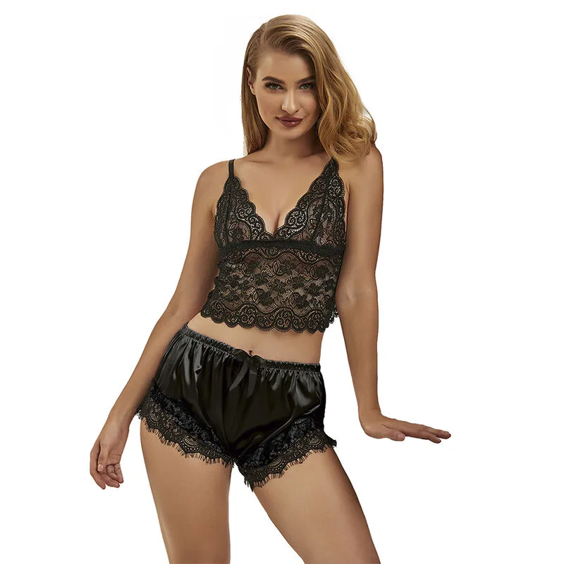 Subblime - 953942 Casual Silk Nightgown + Lace Pants Black L/XL