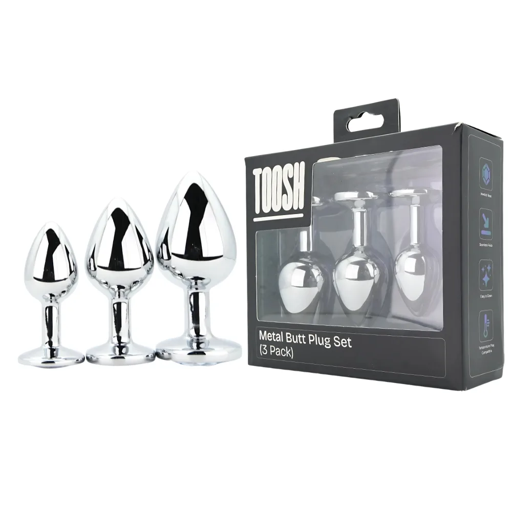 Toosh Plug Anal de Metal Prateado Conjunto de 3 Pedra Transparente