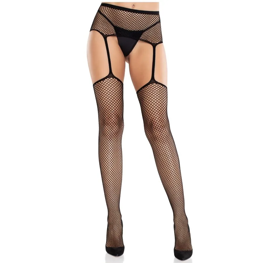 Leg Avenue - Meias de Renda com Cruz e Cinto-Liga Preto