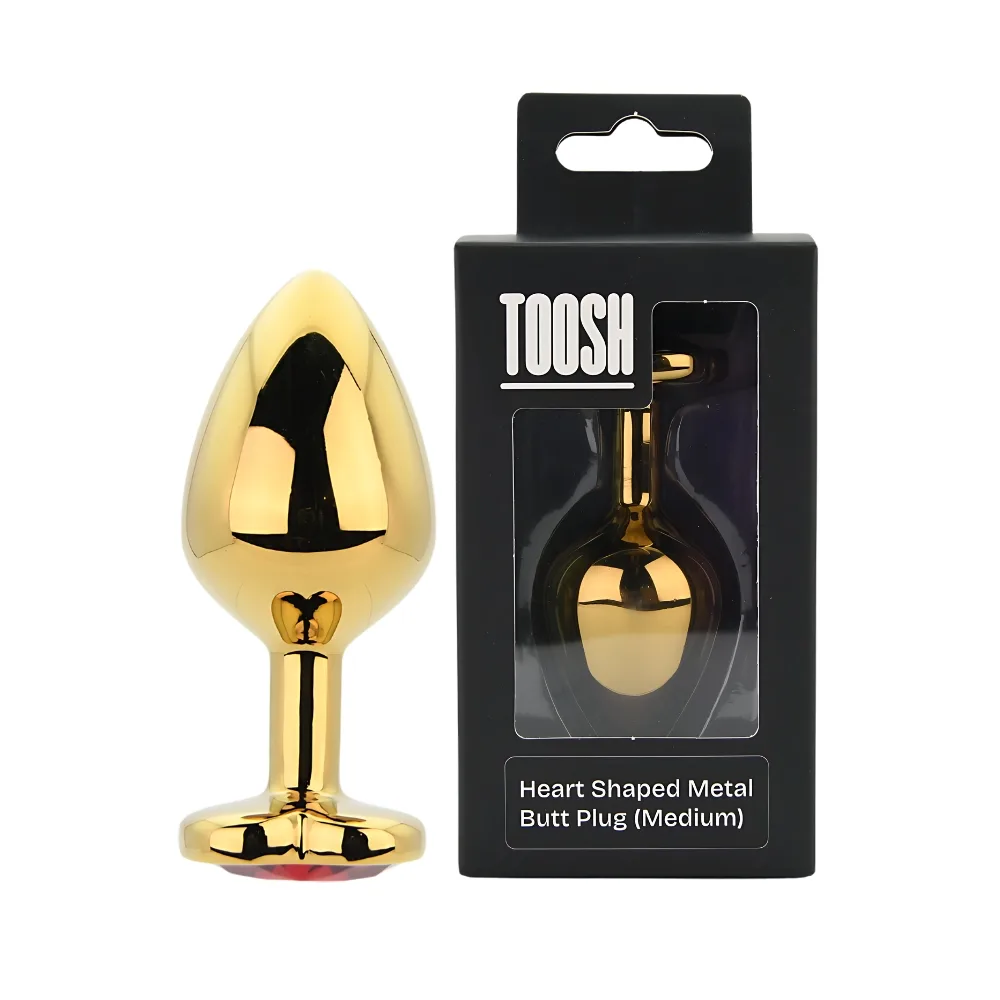 Toosh Plug em Forma de Coração Dourado com Pedra Vermelha Médio