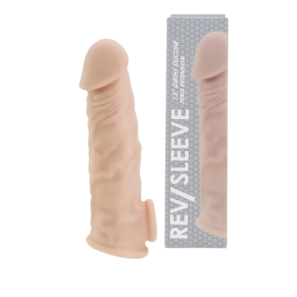 Rev-Sleeves Manga de Extensão Peniana Realista e Grossa de Silicone 7.5 Polegadas