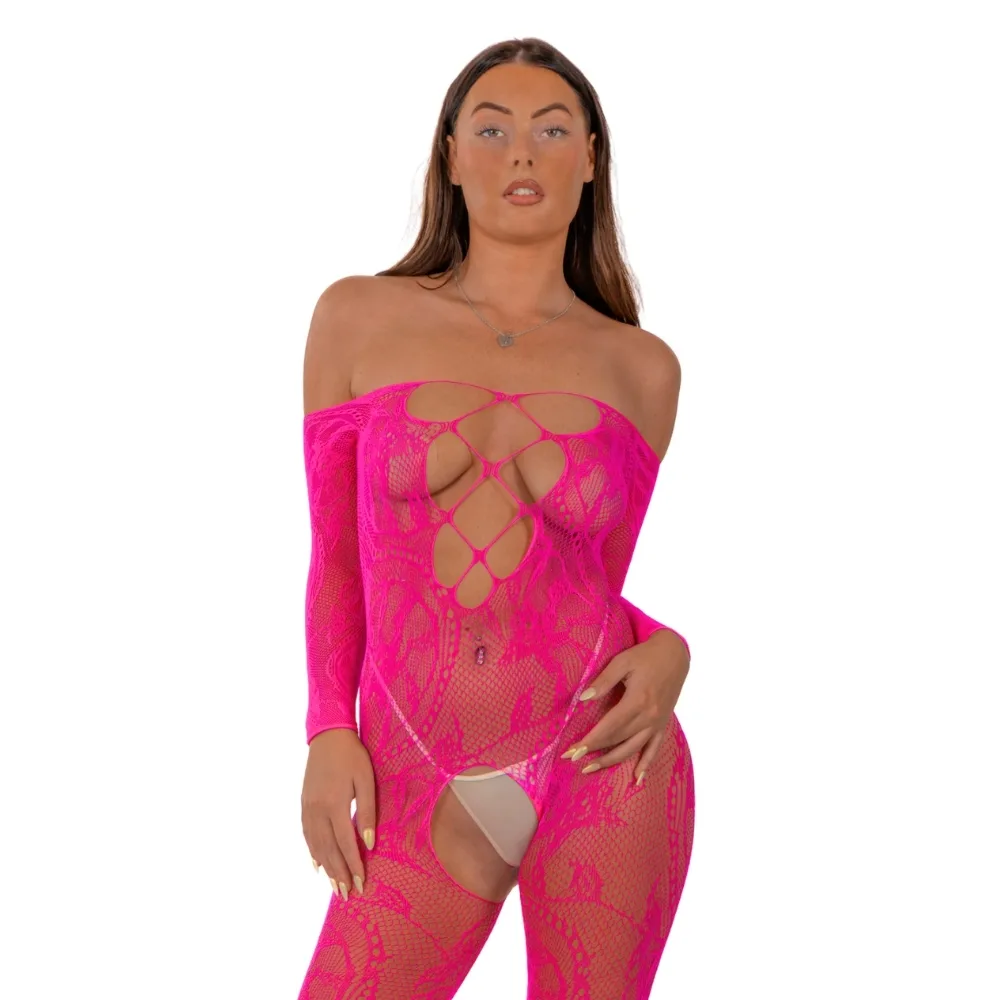 Lace by LJ Bodystocking Sem Entrepernas com Atilhos à Frente Fúcsia