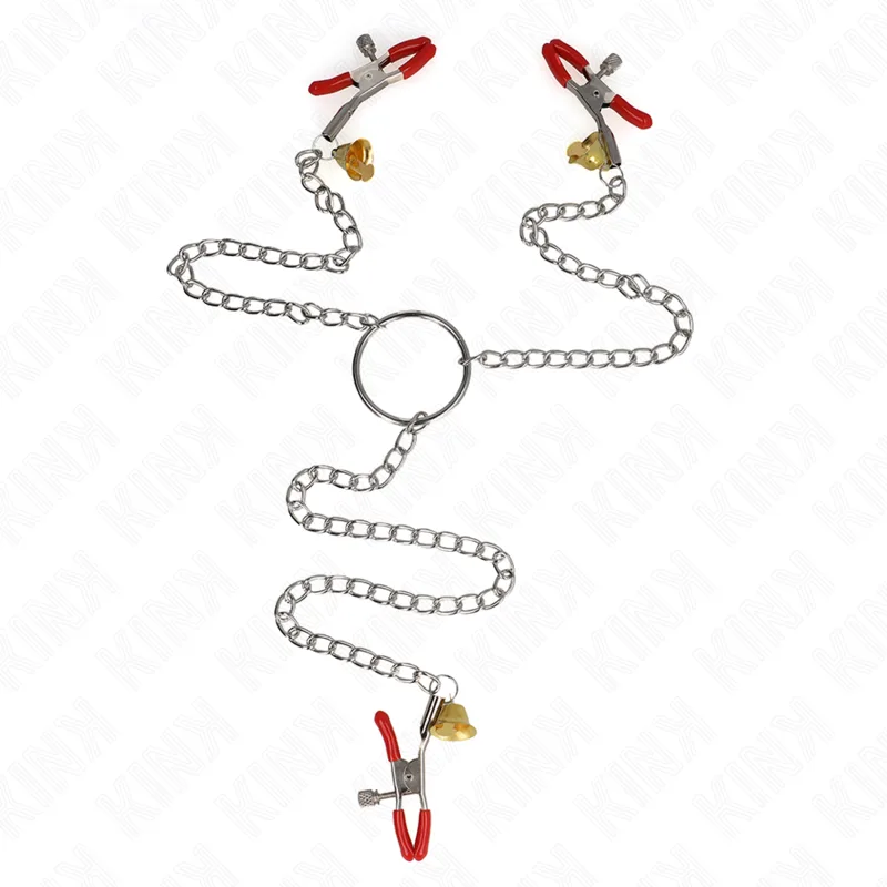 Kink - Bell Triple Nipple And Clit Camps Vermelho com Corrente 30 cm